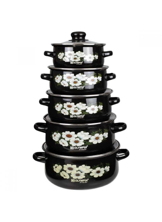Olympia 10 Pieces Casserole Set Enamel Cooking Pots with Glass Lids, Floral Design, Durable Non-Stick Finish, Heat Resistant Handles, Multiple Sizes for Everyday Home Cooking - Image 2